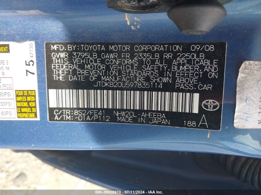 2009 Toyota Prius VIN: JTDKB20U597835114 Lot: 39828870