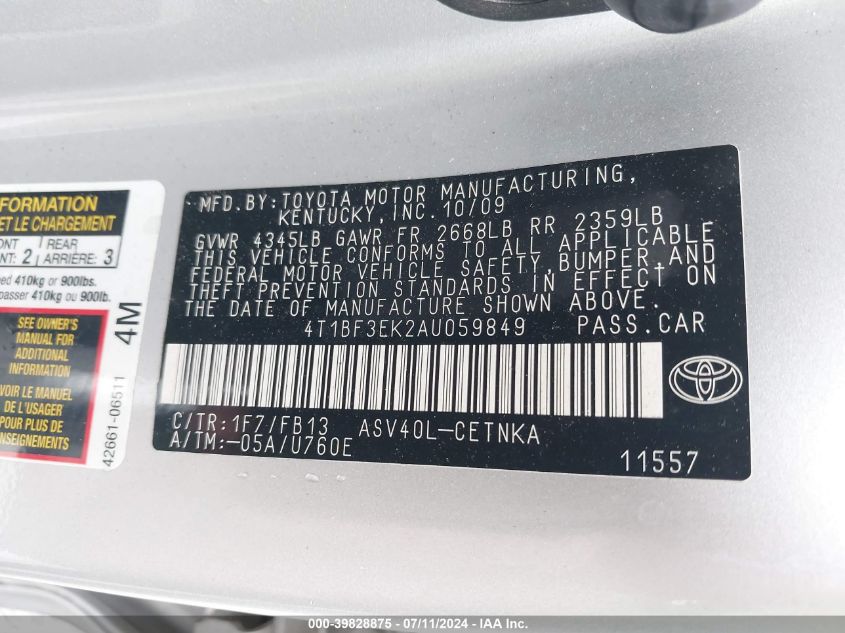 4T1BF3EK2AU059849 | 2010 TOYOTA CAMRY