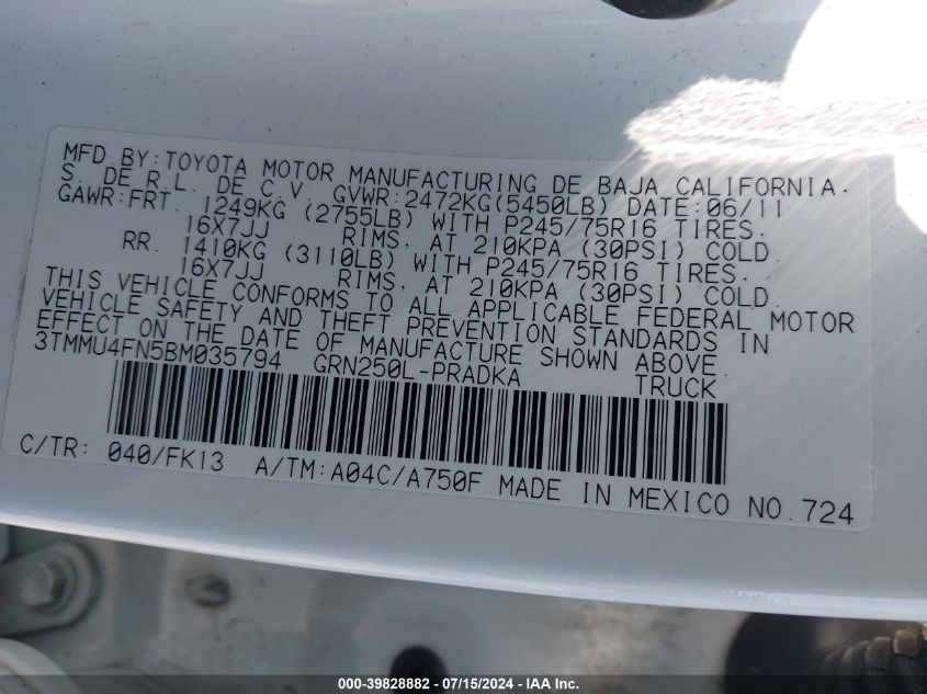 2011 Toyota Tacoma Base V6 VIN: 3TMMU4FN5BM035794 Lot: 39828882