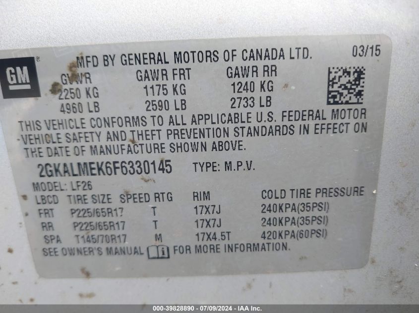 2015 GMC Terrain Sle-1 VIN: 2GKALMEK6F6330145 Lot: 39828890