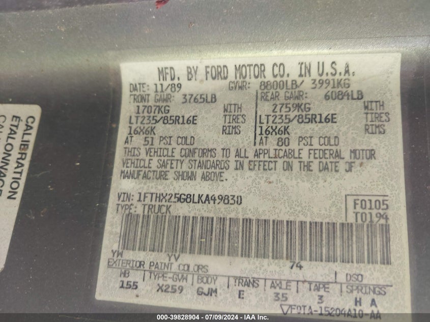 1990 Ford F250 VIN: 1FTHX25G8LKA49830 Lot: 39828904