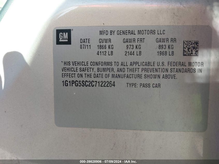 2012 Chevrolet Cruze 2Lt VIN: 1G1PG5SC2C7122264 Lot: 39828906
