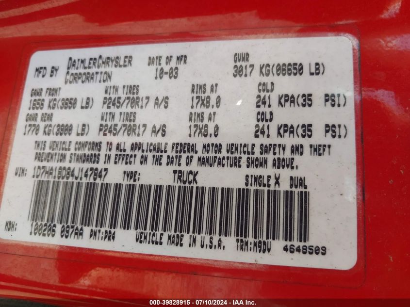 2004 Dodge Ram 1500 Slt/Laramie VIN: 1D7HA18D84J147847 Lot: 39828915