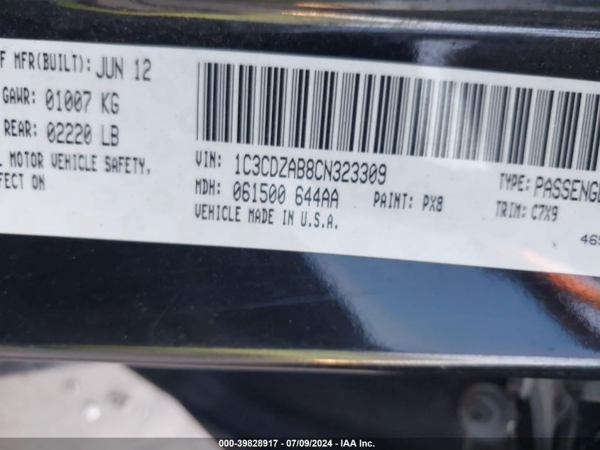 2012 Dodge Avenger Se VIN: 1C3CDZAB8CN323309 Lot: 39828917