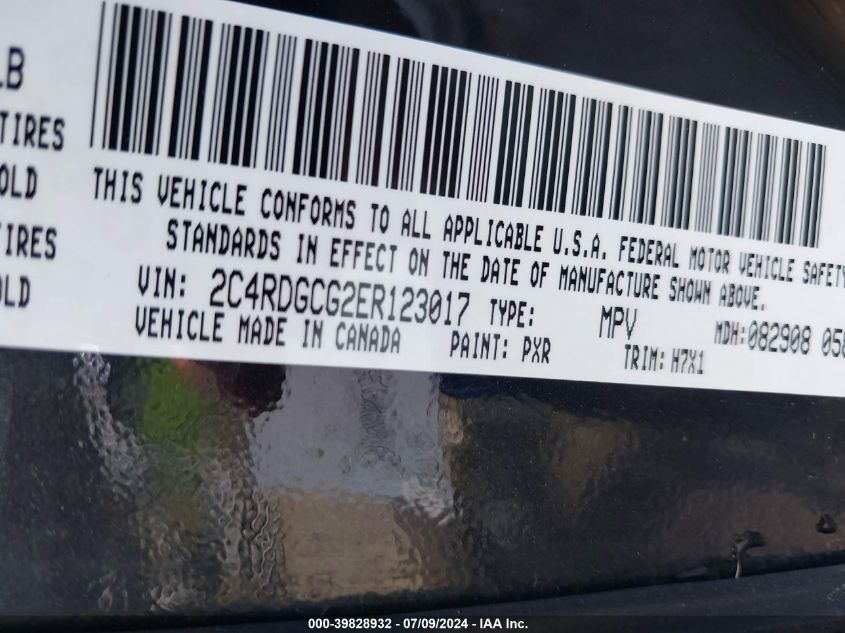 2014 Dodge Grand Caravan Sxt VIN: 2C4RDGCG2ER123017 Lot: 39828932