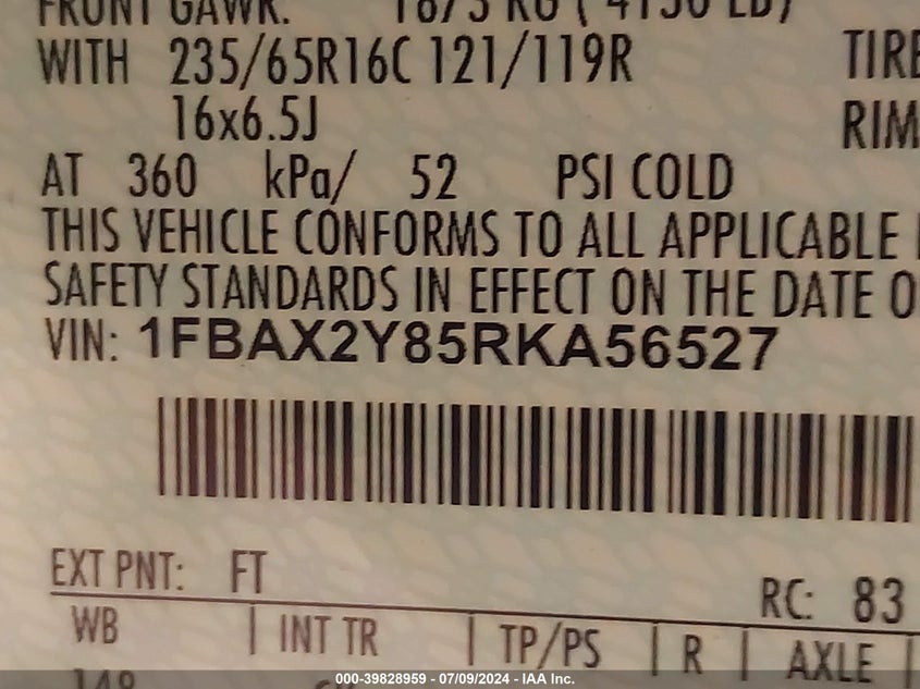 2024 FORD TRANSIT 3.5L V6   N(VIN: 1FBAX2Y85RKA56527