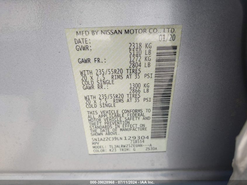 2020 Nissan Murano Sl Fwd VIN: 5N1AZ2CJ9LN129304 Lot: 39828968