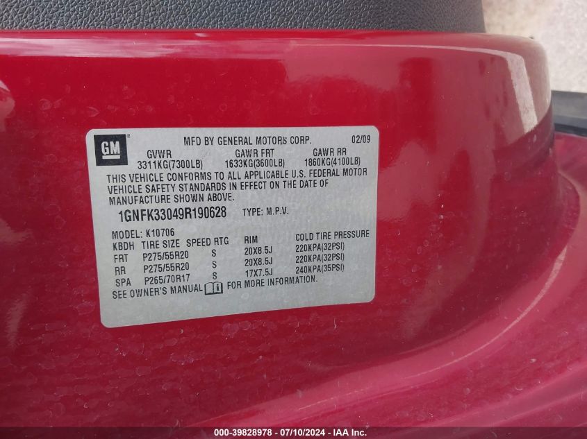 2009 Chevrolet Tahoe Ltz VIN: 1GNFK33049R190628 Lot: 39828978
