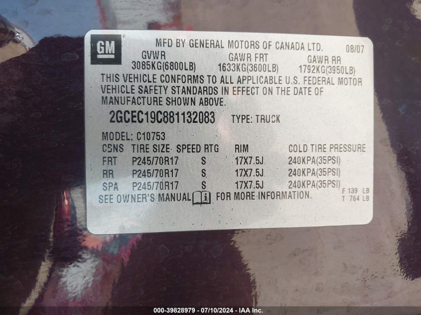 2008 Chevrolet Silverado 1500 Lt1 VIN: 2GCEC19C881132083 Lot: 39828979