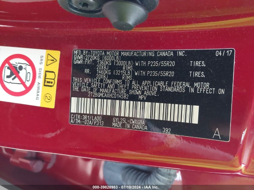 2017 Lexus Rx 450H 450H/Base/F Sport VIN: 2T2BGMCAXHC014582 Lot: 39828983