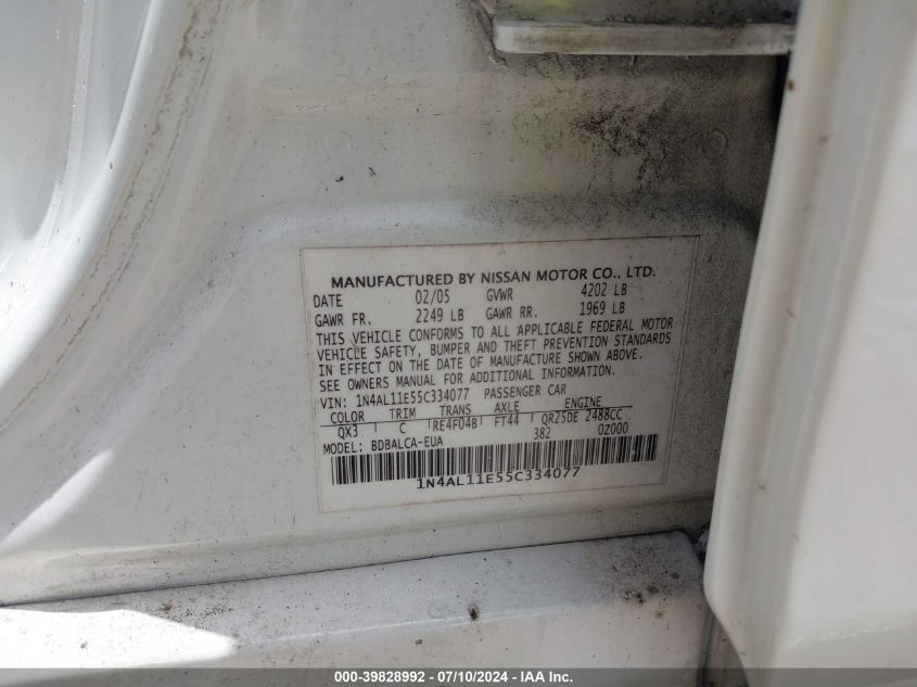 2005 Nissan Altima 2.5 S VIN: 1N4AL11E55C334077 Lot: 39828992