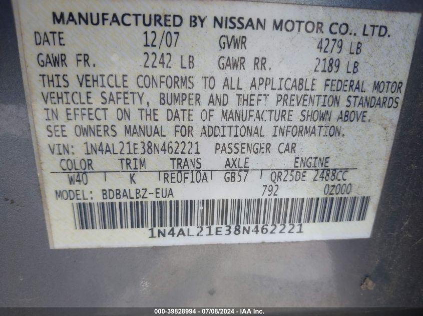 2008 Nissan Altima 2.5 S VIN: 1N4AL21E38N462221 Lot: 39828994