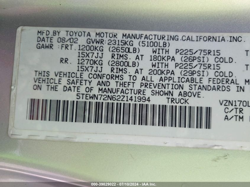 2002 Toyota Tacoma Base V6 VIN: 5TEWN72N62Z141994 Lot: 39829022