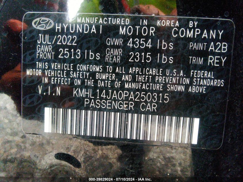 2023 Hyundai Sonata Sel VIN: KMHL14JA0PA250315 Lot: 39829024