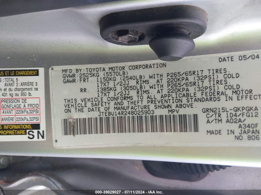2004 Toyota 4Runner Sr5 V6 VIN: JTEBU14R248025903 Lot: 39829027