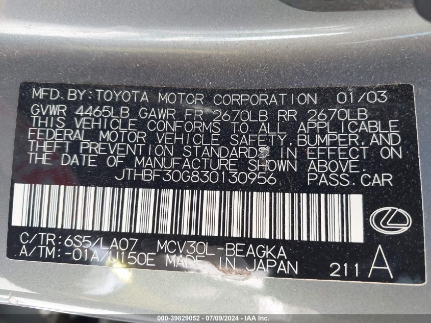 2003 Lexus Es 300 VIN: JTHBF30G830130956 Lot: 39829052