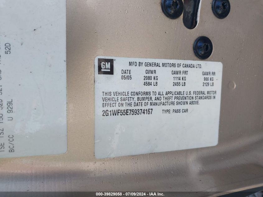 2005 Chevrolet Impala VIN: 2G1WF55E759374167 Lot: 39829058