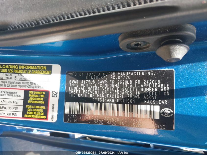 2020 TOYOTA CAMRY SE - 4T1G11AK8LU341981