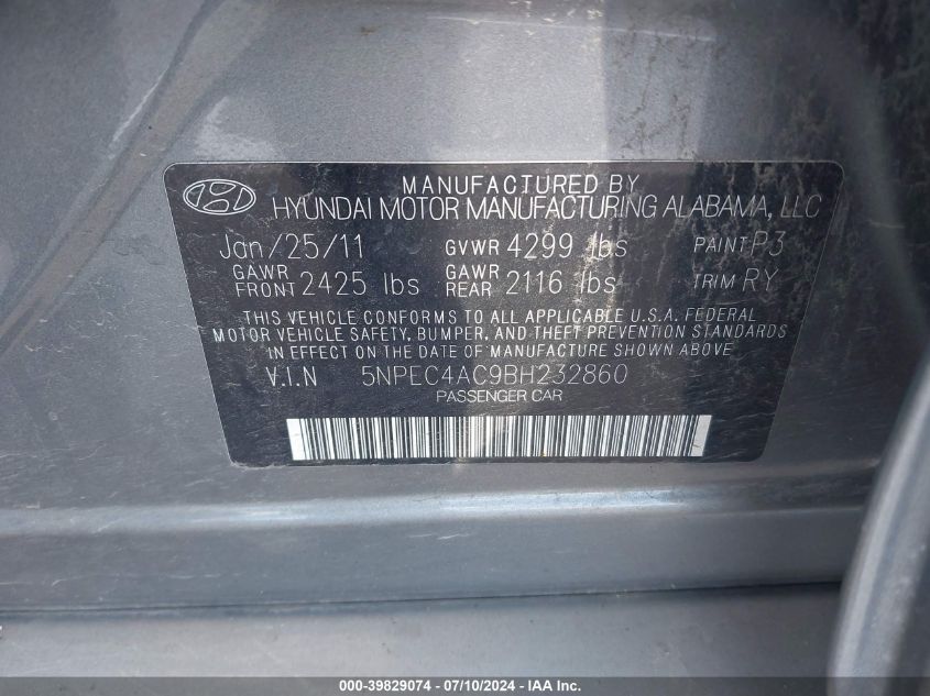 2011 Hyundai Sonata Limited VIN: 5NPEC4AC9BH232860 Lot: 39829074
