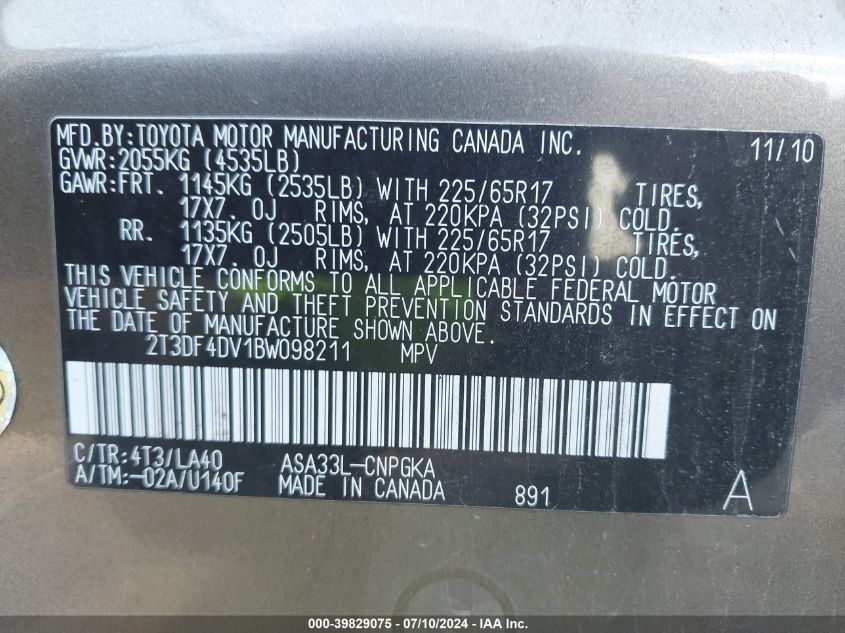 2T3DF4DV1BW098211 2011 Toyota Rav4 Limited