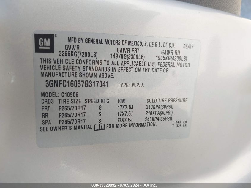 2007 Chevrolet Suburban 1500 Lt VIN: 3GNFC16037G317041 Lot: 39829092
