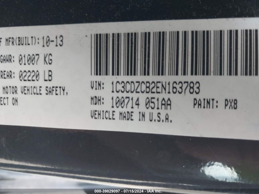 2014 Dodge Avenger Sxt VIN: 1C3CDZCB2EN163783 Lot: 39829097