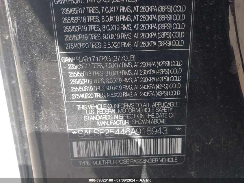 2006 Land Rover Range Rover Sport Hse VIN: SALSF25446A918943 Lot: 39829100