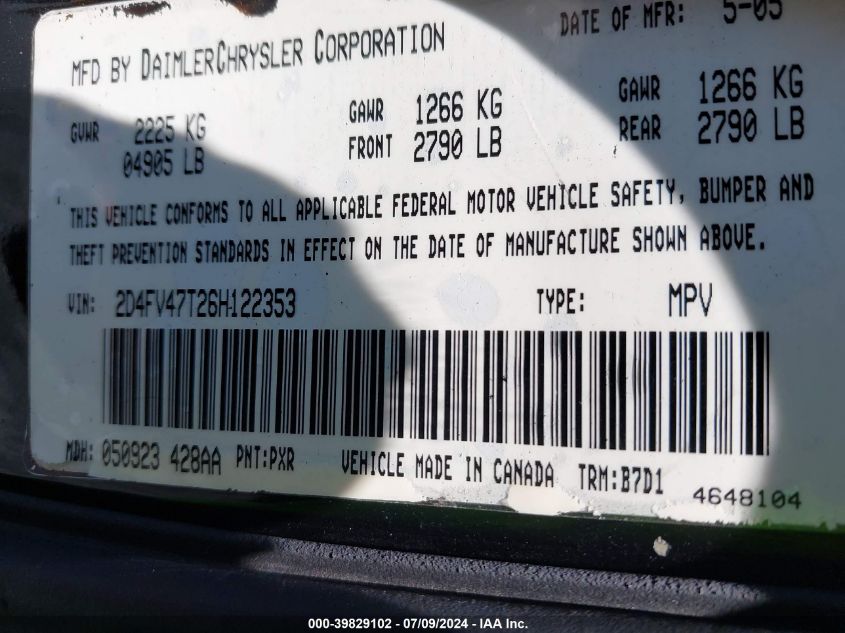 2006 Dodge Magnum VIN: 2D4FV47T26H122353 Lot: 39829102