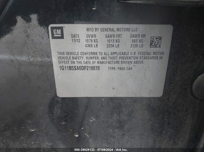 2013 Chevrolet Malibu 1Ls VIN: 1G11B5SA6DF218876 Lot: 39829133