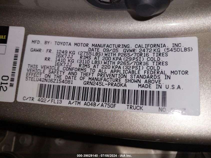 2006 Toyota Tacoma Base V6 VIN: 5TELU42N16Z154081 Lot: 39829140