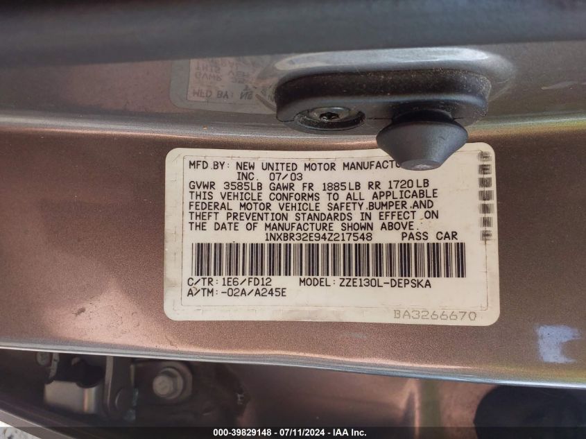 1NXBR32E94Z217548 2004 Toyota Corolla S