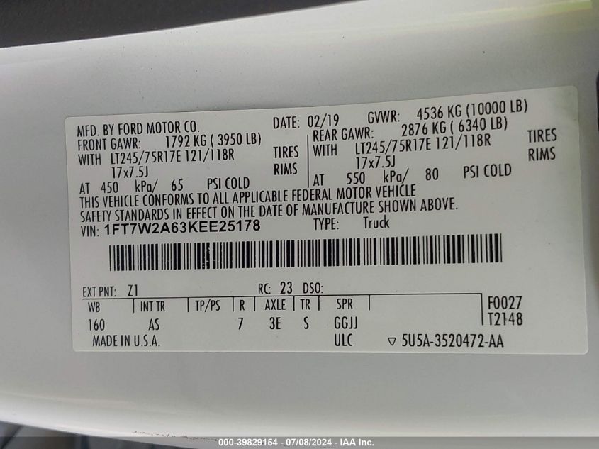 2019 Ford F-250 Xl VIN: 1FT7W2A63KEE25178 Lot: 39829154