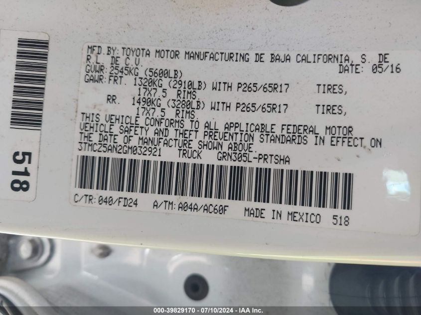 2016 Toyota Tacoma Trd Sport VIN: 3TMCZ5AN2GM032921 Lot: 39829170