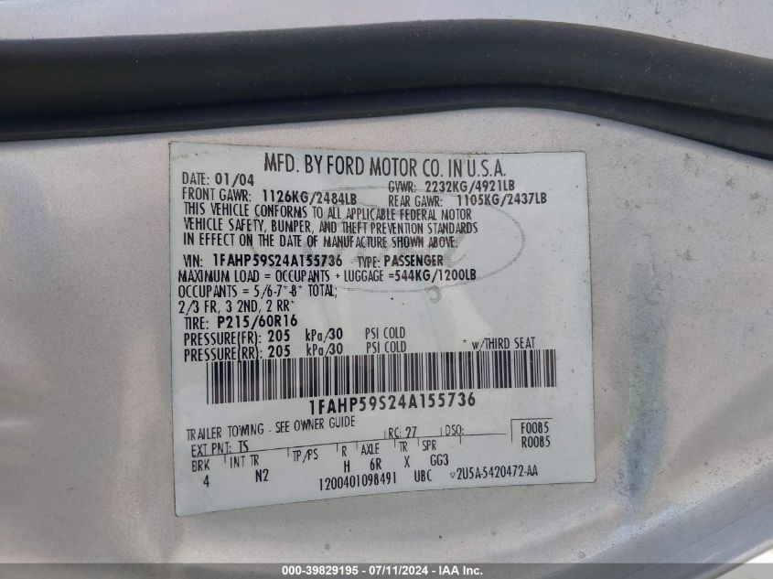 1FAHP59S24A155736 2004 Ford Taurus Sel