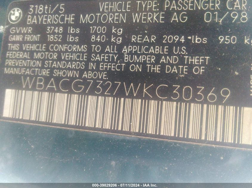 1998 BMW 318Ti VIN: WBACG7327WKC30369 Lot: 39829206