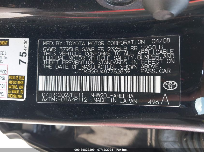 2008 Toyota Prius VIN: JTDKB20U487782839 Lot: 39829209