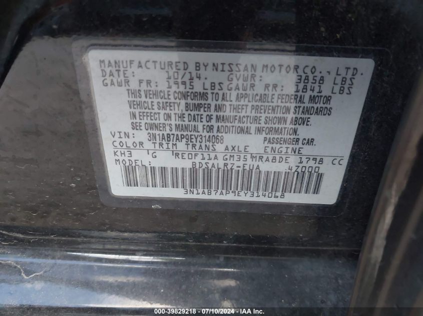 2014 Nissan Sentra S/Sv/Sr/Sl VIN: 3N1AB7AP9EY314068 Lot: 39829218
