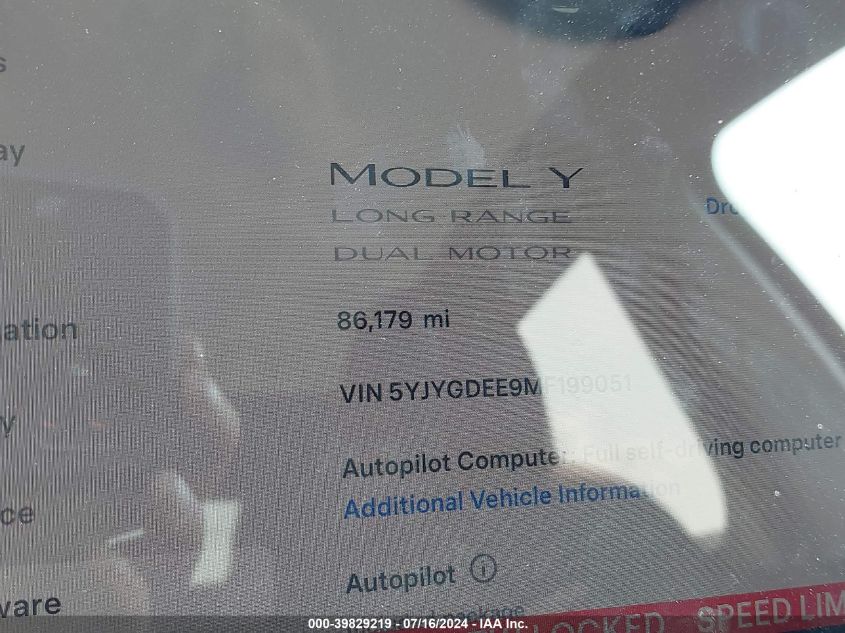 2021 Tesla Model Y Long Range Dual Motor All-Wheel Drive VIN: 5YJYGDEE9MF199051 Lot: 39829219