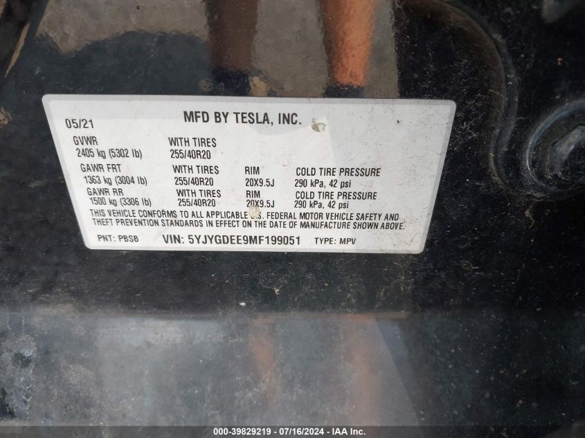 2021 Tesla Model Y Long Range Dual Motor All-Wheel Drive VIN: 5YJYGDEE9MF199051 Lot: 39829219