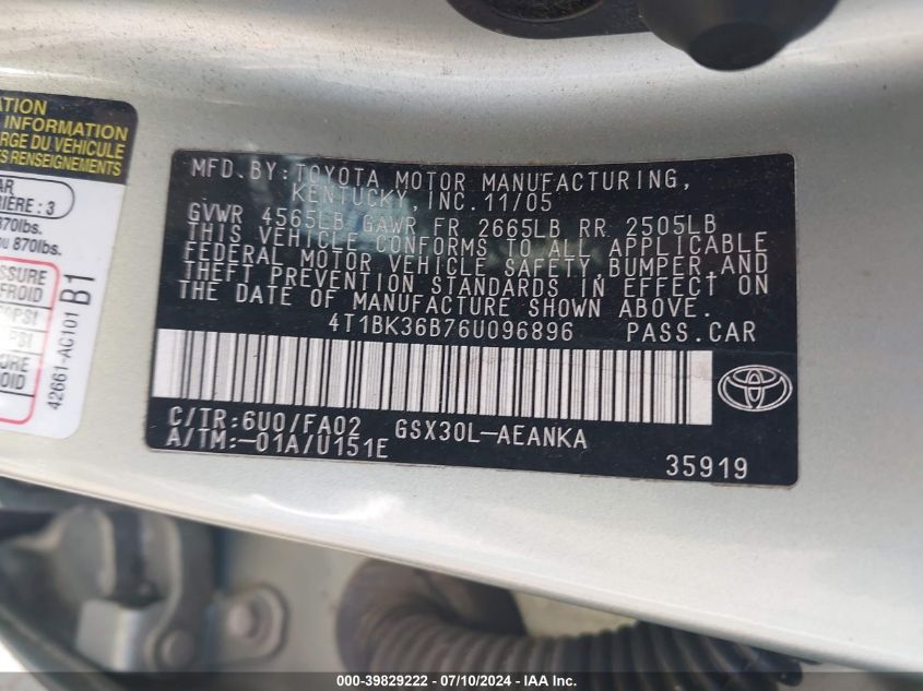 2006 Toyota Avalon Xl VIN: 4T1BK36B76U096896 Lot: 39829222