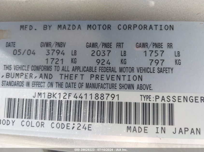 2004 Mazda Mazda3 I VIN: JM1BK12F441188791 Lot: 39829223