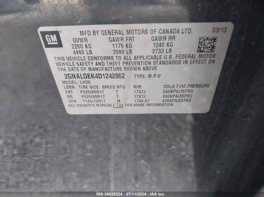 2013 Chevrolet Equinox 1Lt VIN: 2GNALDEK4D1242062 Lot: 39829224