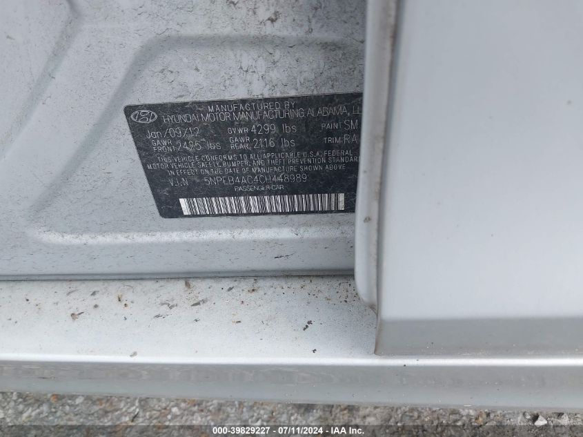 2012 Hyundai Sonata Gls VIN: 5NPEB4AC4CH448989 Lot: 39829227