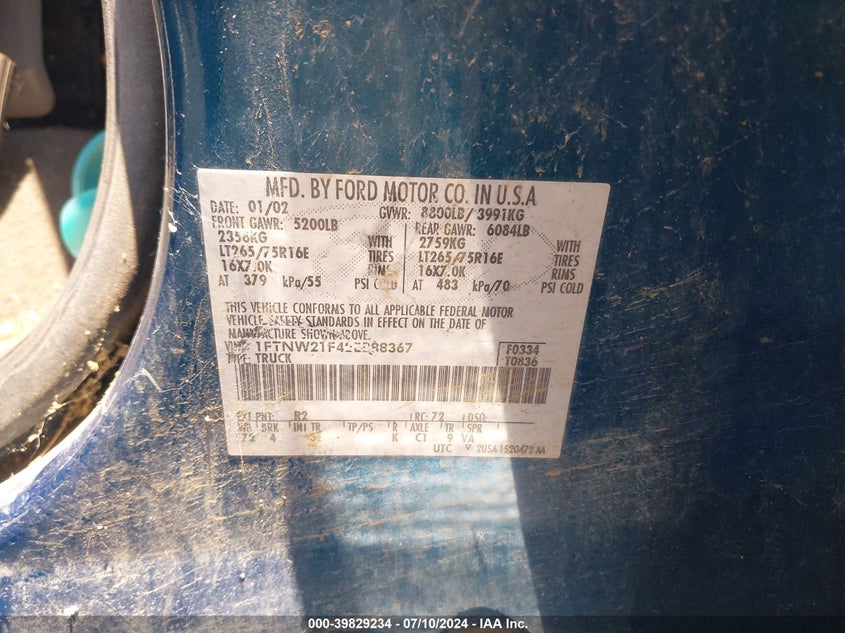 2002 Ford F-250 Lariat/Xl/Xlt VIN: 1FTNW21F42EB88367 Lot: 39829234