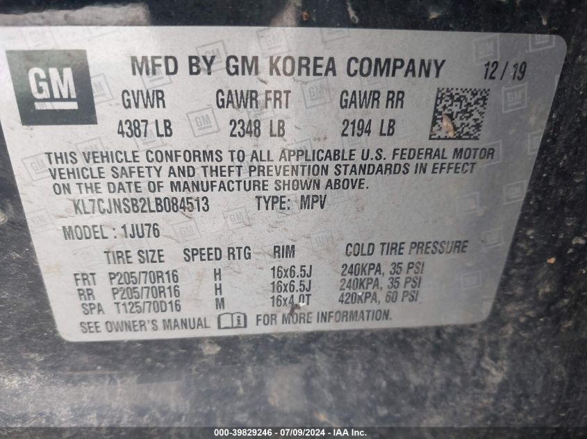 2020 Chevrolet Trax Ls VIN: KL7CJNSB2LB084513 Lot: 39829246