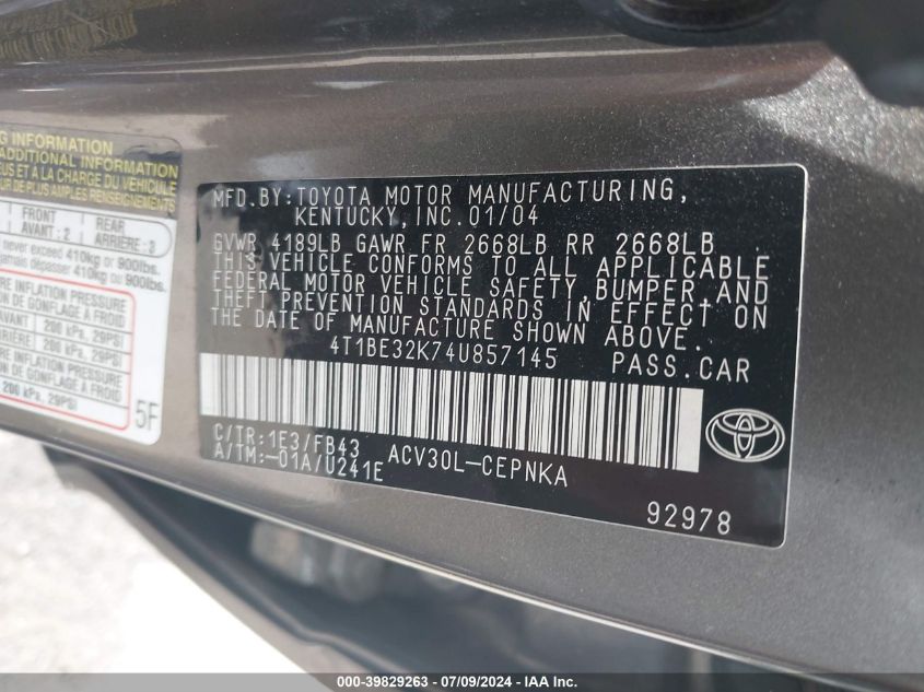 2004 Toyota Camry Le VIN: 4T1BE32K74U857145 Lot: 39829263