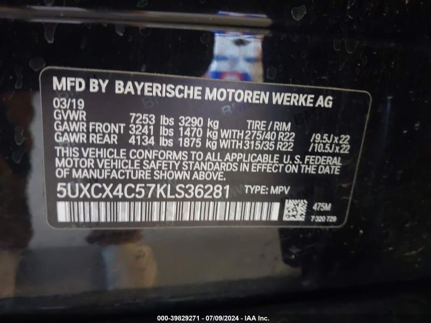 2019 BMW X7 xDrive50I VIN: 5UXCX4C57KLS36281 Lot: 39829271