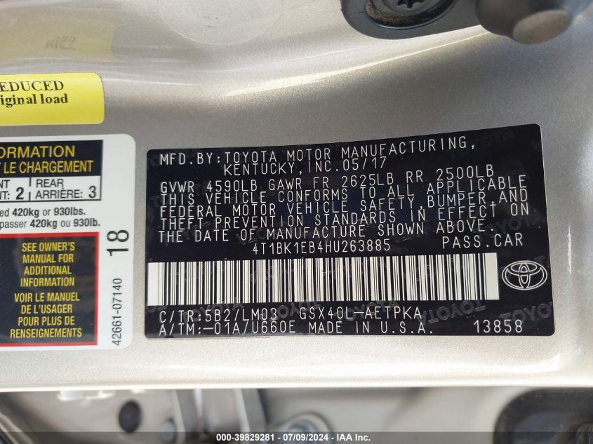 2017 Toyota Avalon Limited VIN: 4T1BK1EB4HU263885 Lot: 39829281