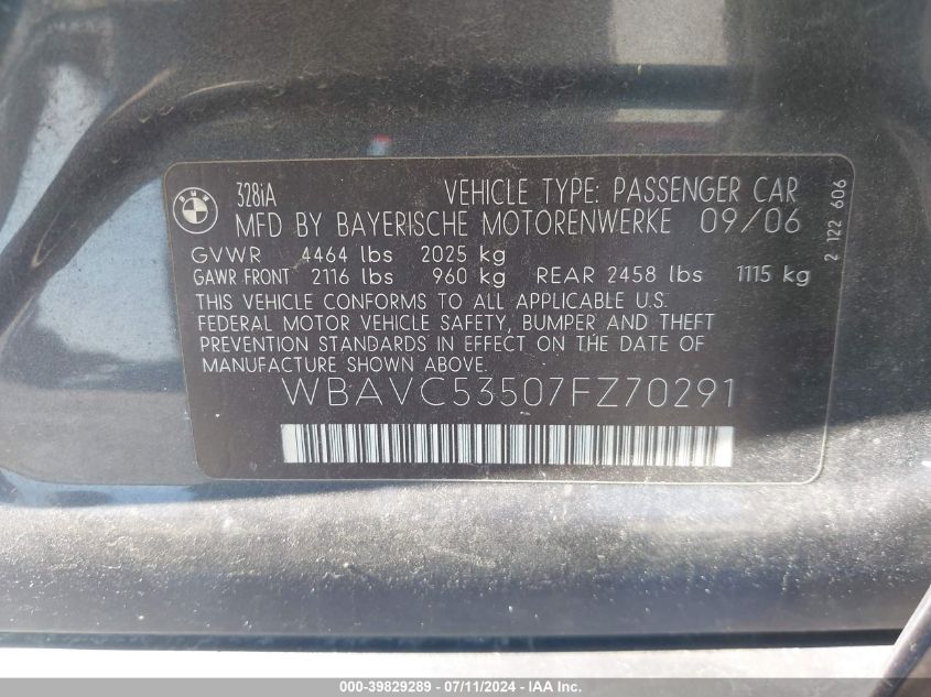 2007 BMW 328I VIN: WBAVC53507FZ70291 Lot: 39829289