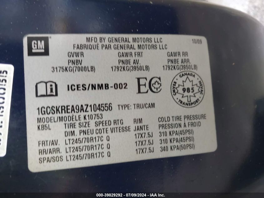 2010 Chevrolet Silverado 1500 Ls VIN: 1GCSKREA9AZ104556 Lot: 39829292